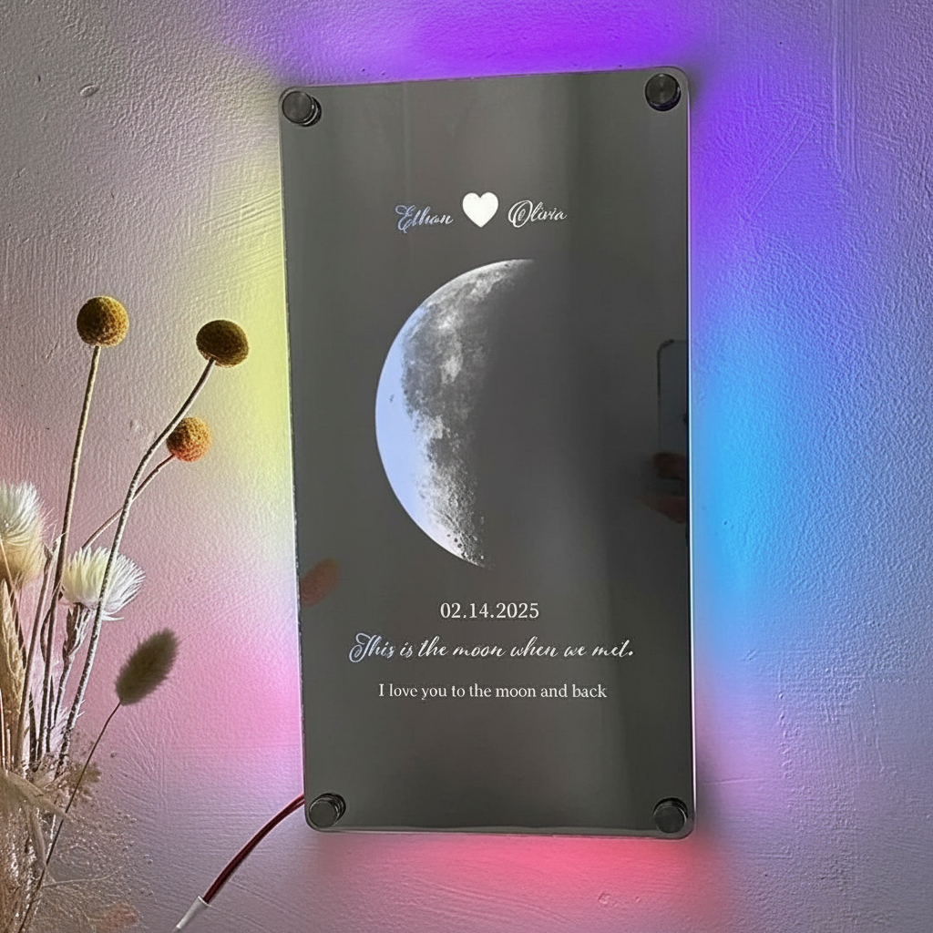 Custom Couple Anniversary Moon Phase Mirror Light - Romantic Valentine's Day Gift