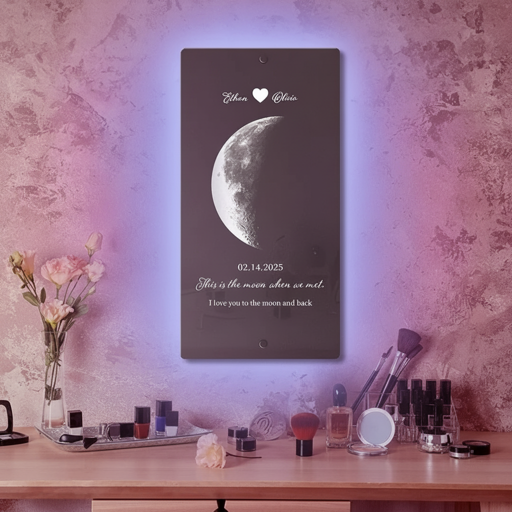 Custom Couple Anniversary Moon Phase Mirror Light - Romantic Valentine's Day Gift