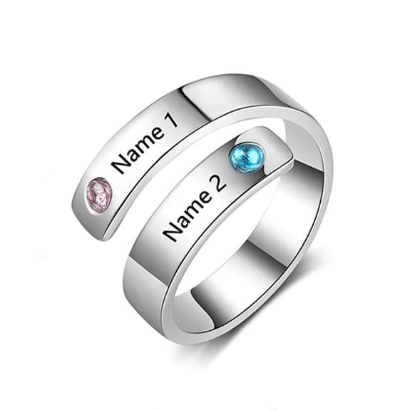 Personalized Silver Ring - Two Custom Names - Two Custom Birthstones -Customized Gifts-Customized Jewel