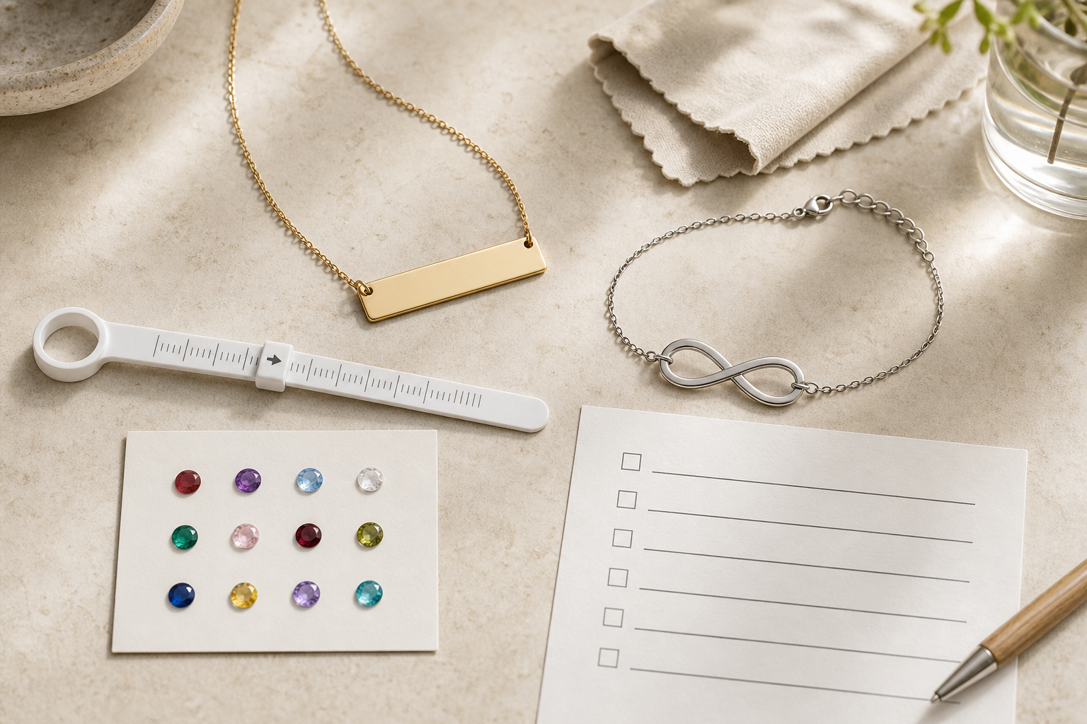 Personalized name necklace, infinity bracelet, ring sizing tool, color choices and blank order checklist on a cream jeweler worktable