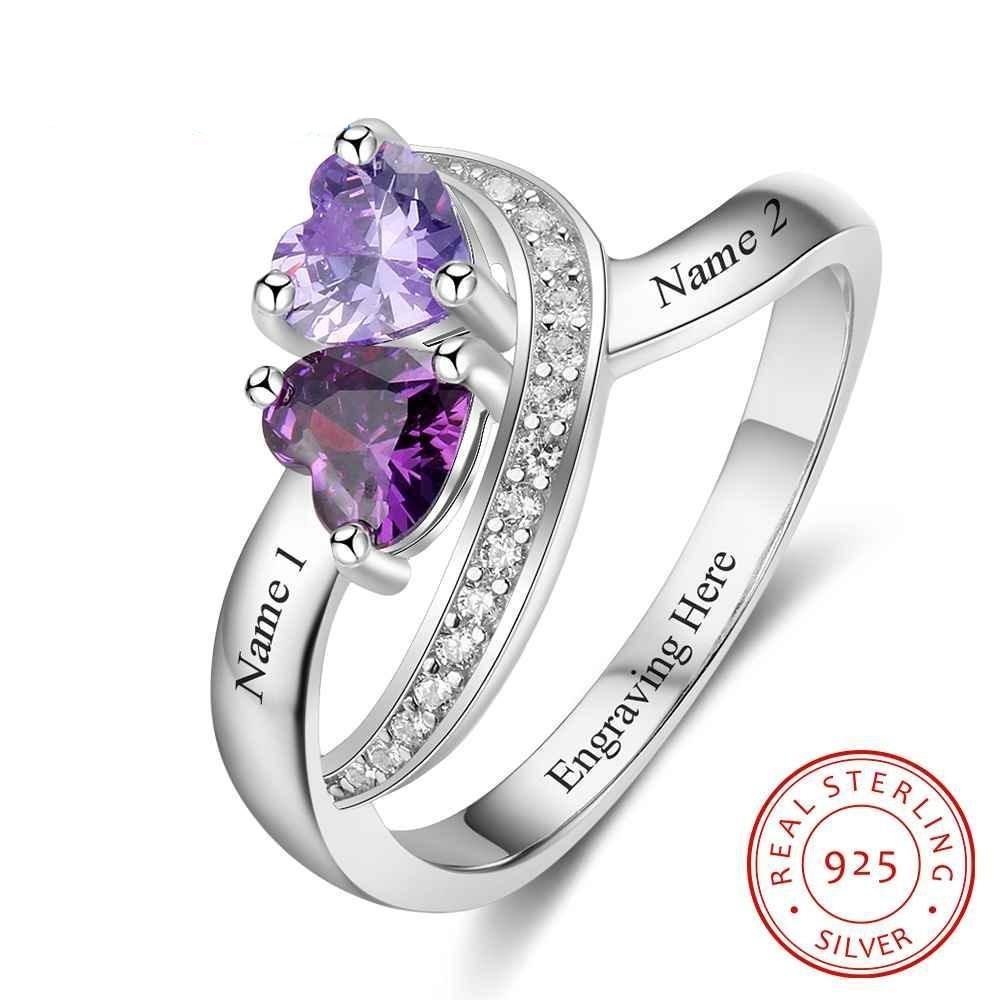 Twisted Heart Silver Sterling Ring - 2 Custom Name & Birthstone-Customized Jewel