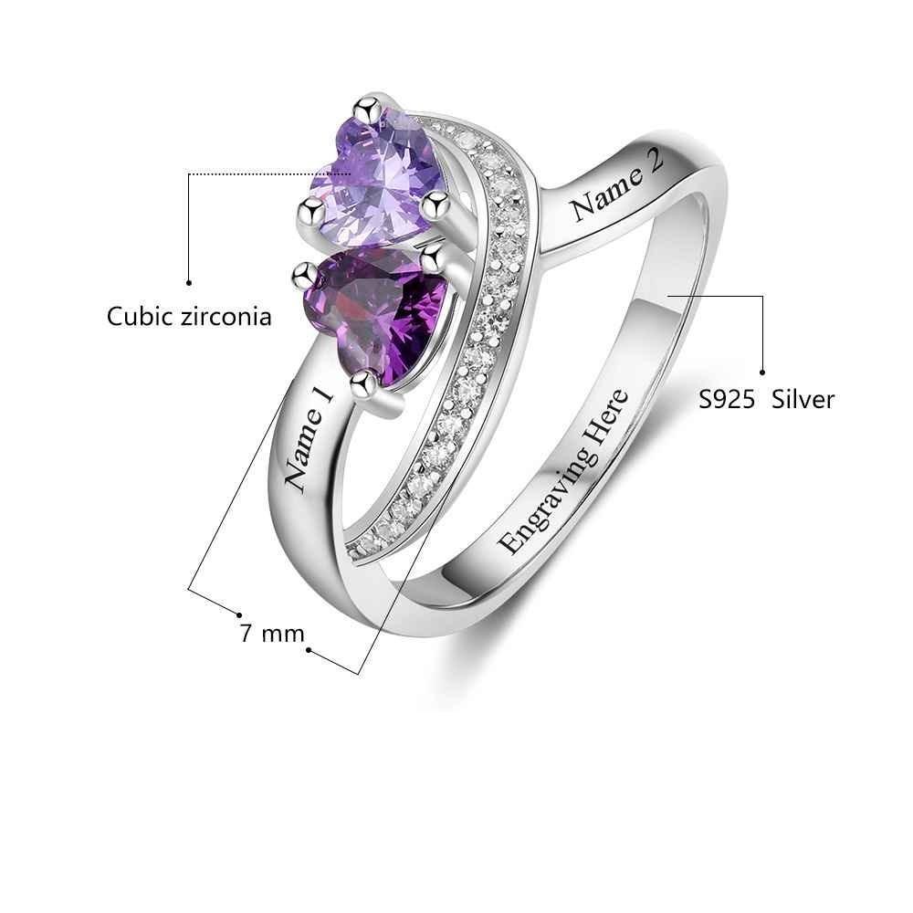 Twisted Heart Silver Sterling Ring - 2 Custom Name & Birthstone-Customized Jewel