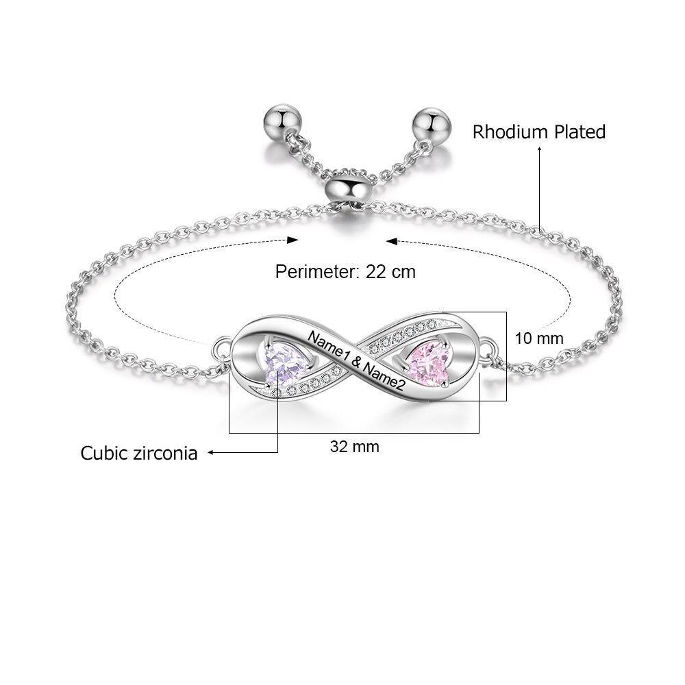 Adjustable Infinity Diamond Sterling Silver Bracelet - 2 Custom Names & Birthstones-Customized Jewel