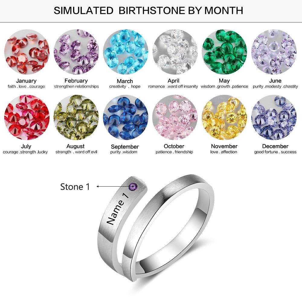 Personalized Stainless Steel Adjustable Wrap Rings - Custom Name &amp; Customized Birthstone, 3 Color Options-Customized Jewel