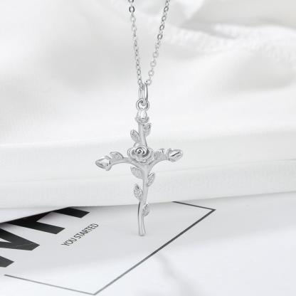 Vintage Rose Cross 925 Sterling Silver Pendant Necklace for Women Fashion Gold/Rose Color Party Jewelry Gift-Customized Jewel