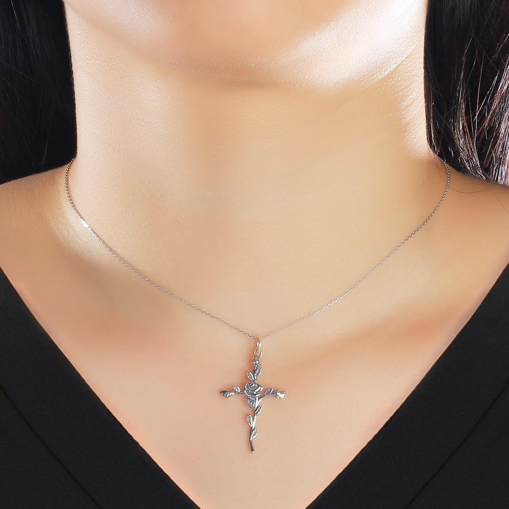 Vintage Rose Cross 925 Sterling Silver Pendant Necklace for Women Fashion Gold/Rose Color Party Jewelry Gift Customized Jewel