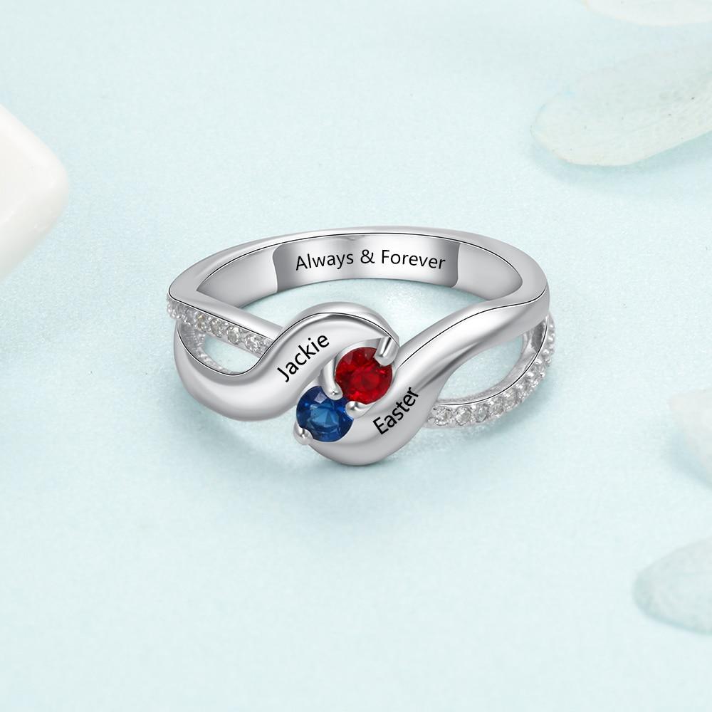Personalized Sterling Silver Ring - Engrave One Special Phrase, Two Custom Names & Two Custom Birthstones - Women’s Fashion Jewelry-Customized Jewel