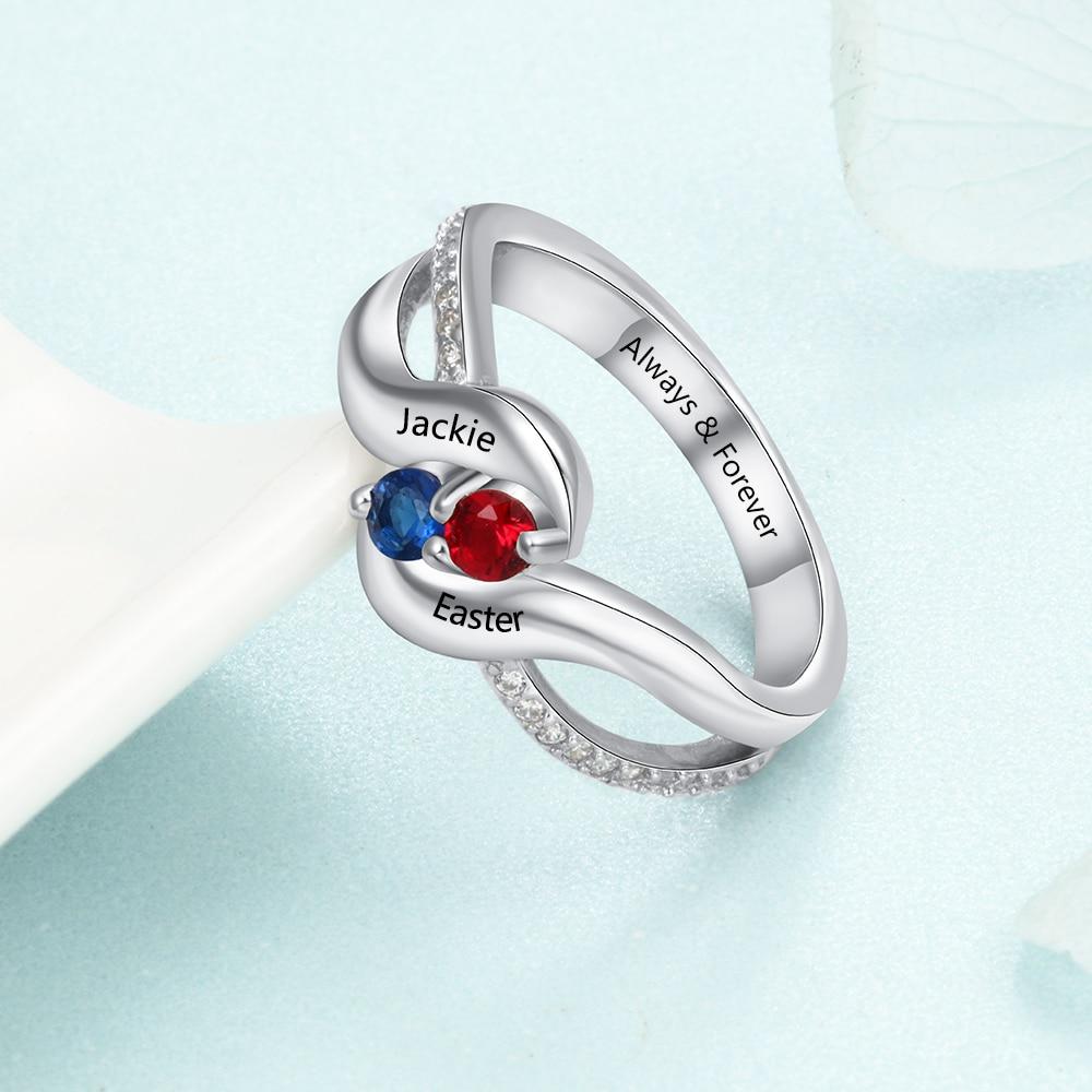 Personalized Sterling Silver Ring - Engrave One Special Phrase, Two Custom Names & Two Custom Birthstones - Women’s Fashion Jewelry-Customized Jewel