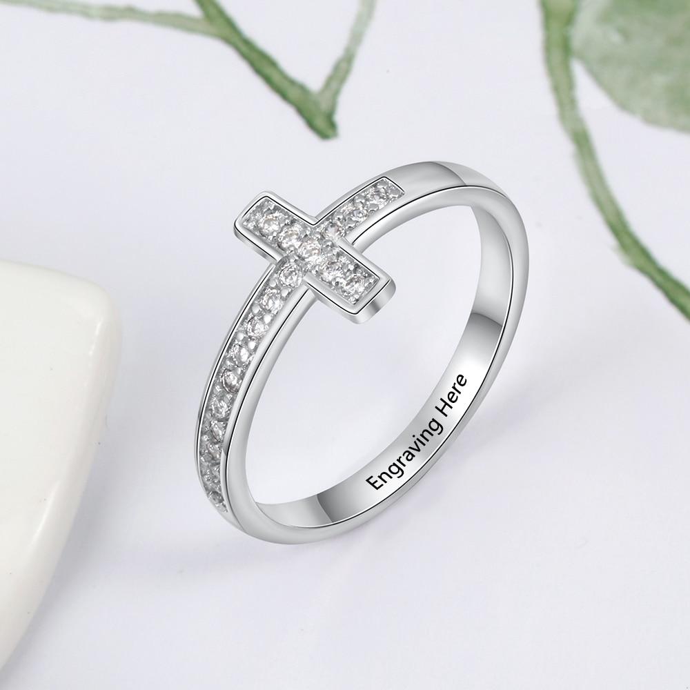 Diamond Cross - Personalized Sterling Silver Ring-Customized Jewel