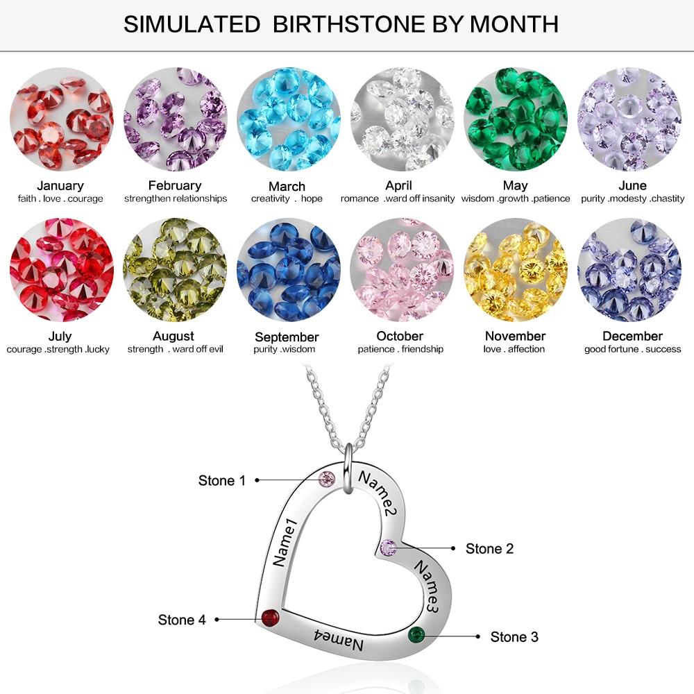 Personalized Stainless Steel Heart Pendant Necklace, Custom Engrave 4 Names & Birthstone Pendant, Gift for Family-Customized Jewel