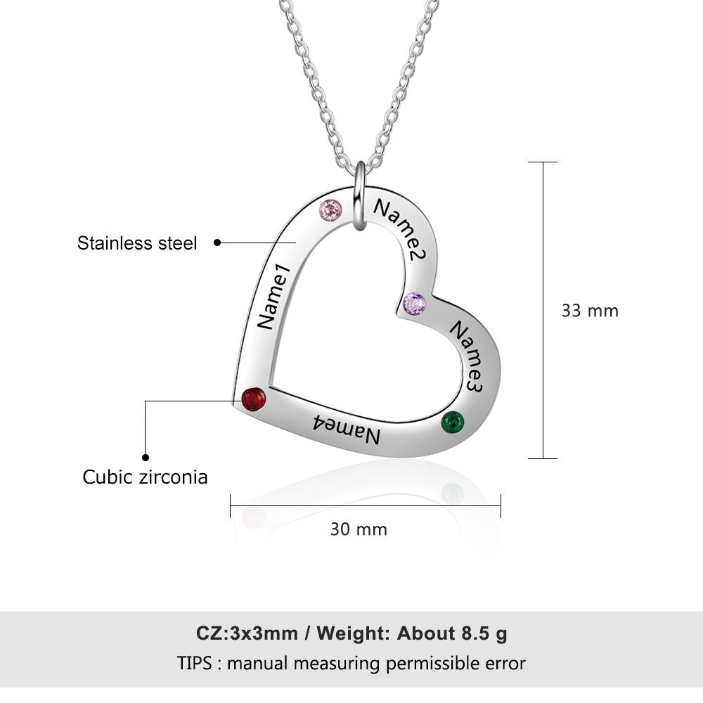 Personalized Stainless Steel Heart Pendant Necklace, Custom Engrave 4 Names & Birthstone Pendant, Gift for Family-Customized Jewel