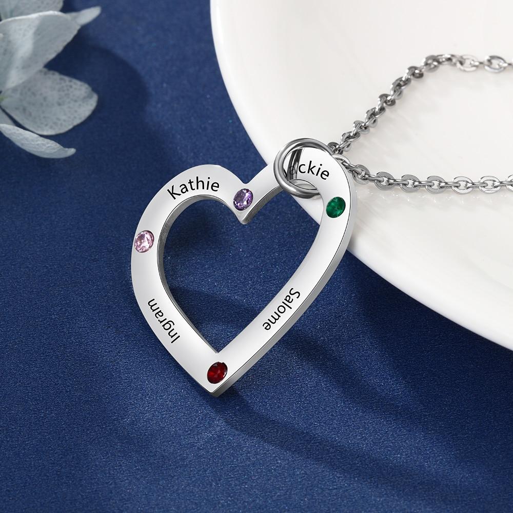 Personalized Stainless Steel Heart Pendant Necklace, Custom Engrave 4 Names & Birthstone Pendant, Gift for Family-Customized Jewel