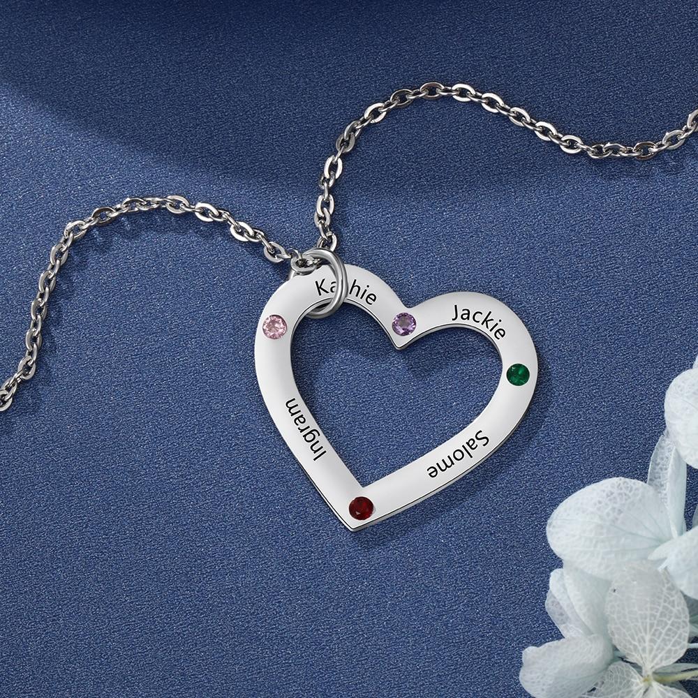 Personalized Stainless Steel Heart Pendant Necklace, Custom Engrave 4 Names & Birthstone Pendant, Gift for Family-Customized Jewel