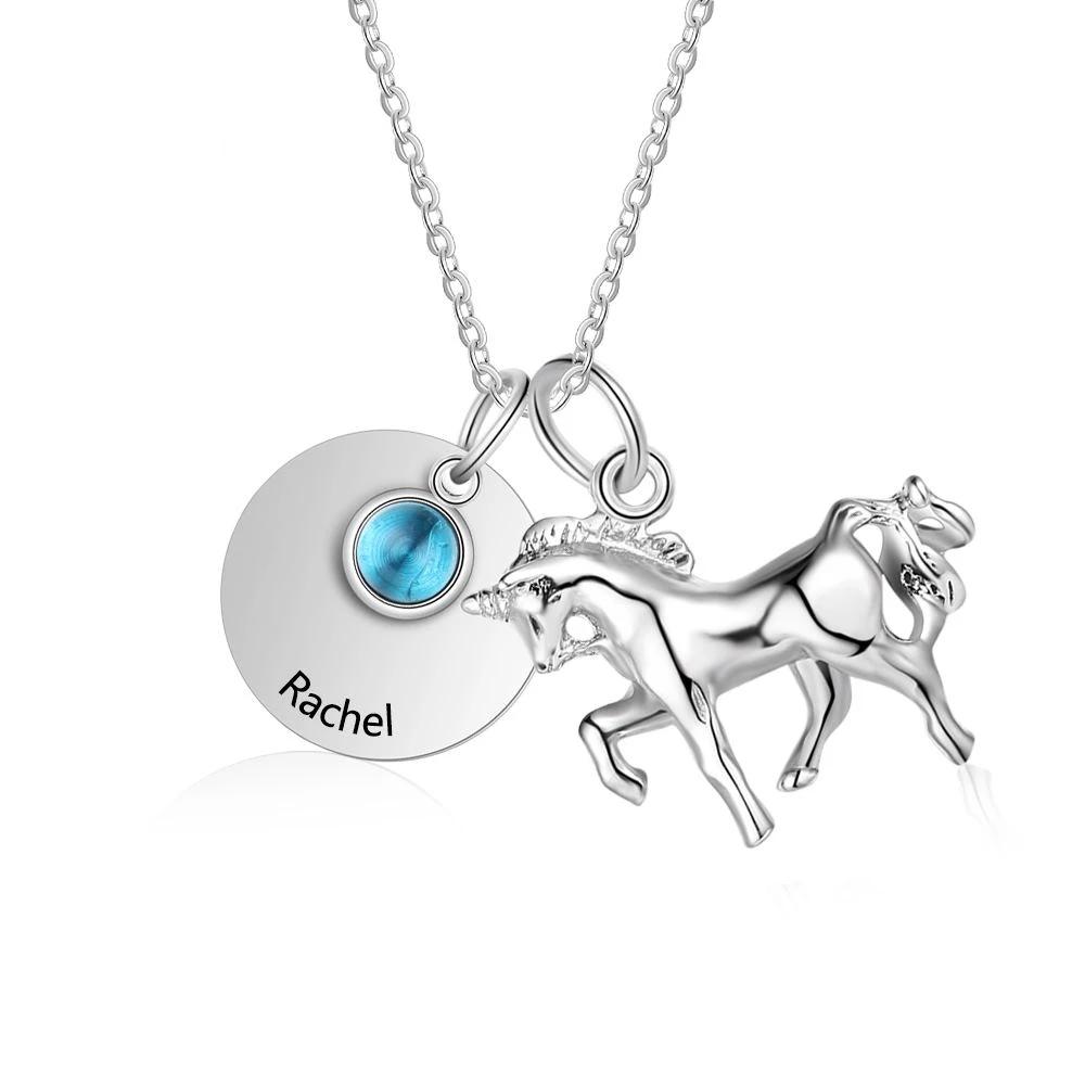 Personalized Stainless Steel Pendant Necklace - One Engraved Custom Name - One Custom Birthstone - Round Metal & Horse Pendant - Gift for Women-Customized Jewel