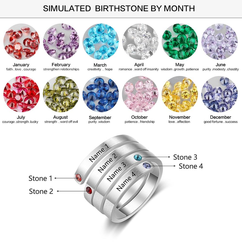 Personalized Women’s Stainless Steel Stackable Rings – Engrave Four Names – Four Custom Birthstones – Family Gift-Customized Jewel