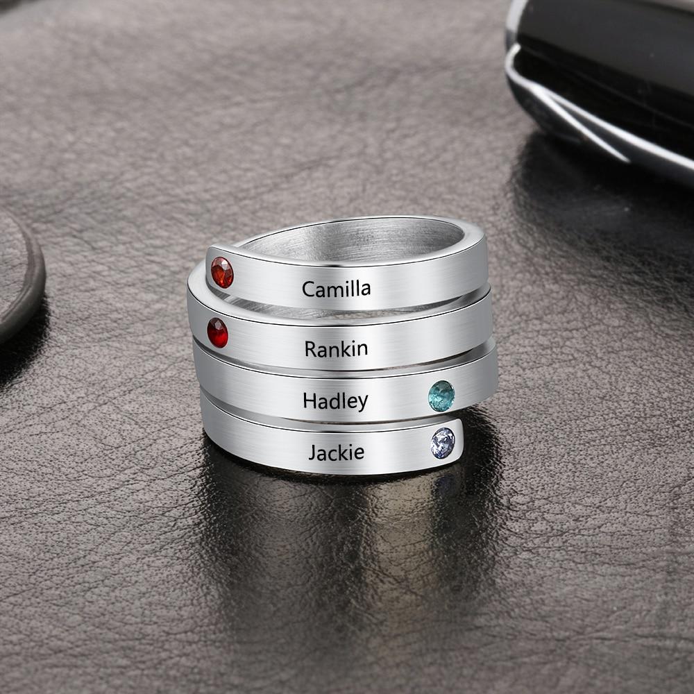 Personalized Women’s Stainless Steel Stackable Rings – Engrave Four Names – Four Custom Birthstones – Family Gift-Customized Jewel