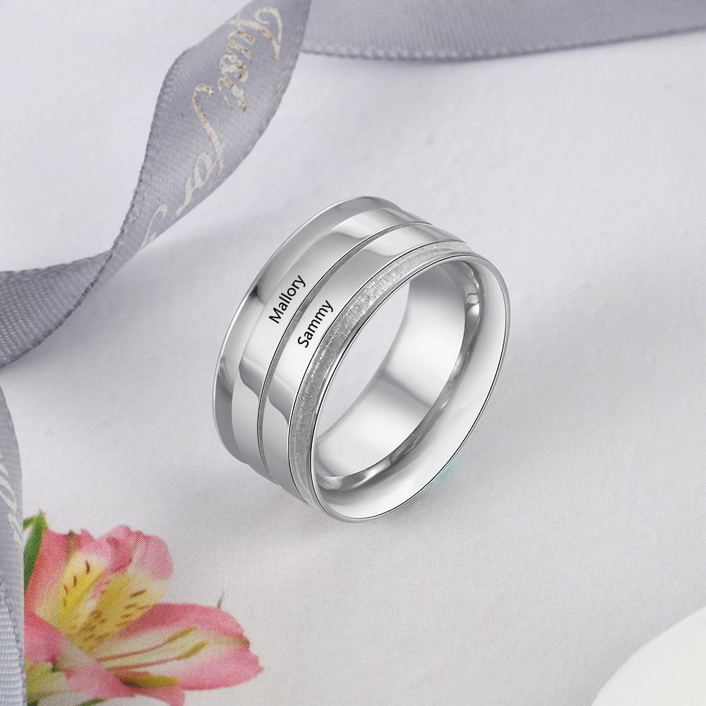 Personalized Wide Two Lined Engrave Name Silver Rings, Trendy Wedding Bands, Different Size Options-Customized Jewel