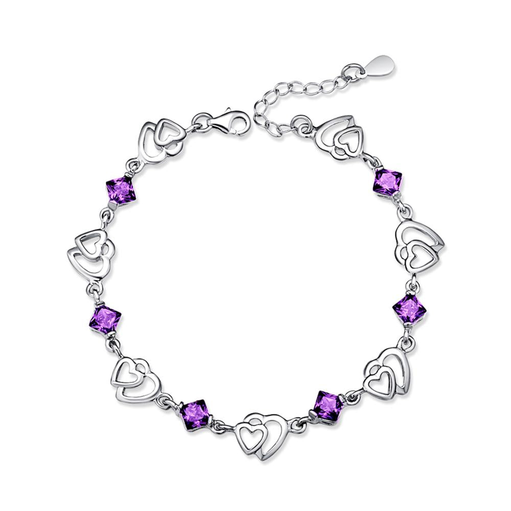 Women 925 Sterling Silver Heart to Heart Bracelets with Purple Rhombus Stone, Party Jewelry Gift for Women-Customized Jewel