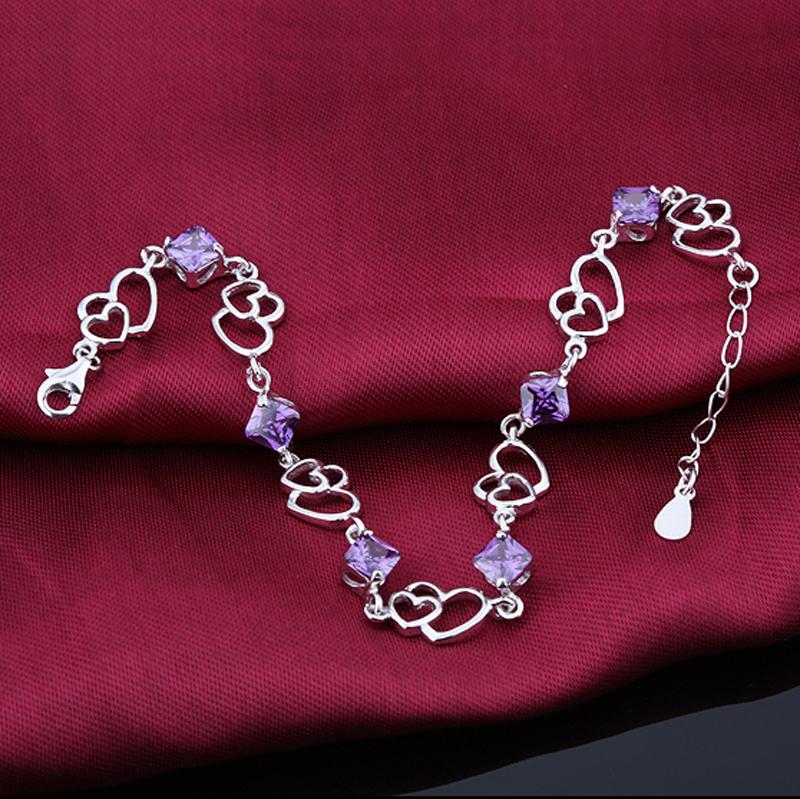 Women 925 Sterling Silver Heart to Heart Bracelets with Purple Rhombus Stone, Party Jewelry Gift for Women-Customized Jewel