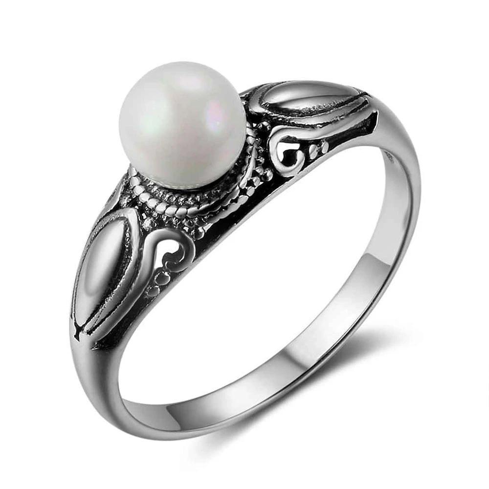New Solid 925 Sterling Silver Rings for Women – Simulated Pearl Female Ring – Vintage Pattern Jewelry Gift for Girls -Customized Jewel