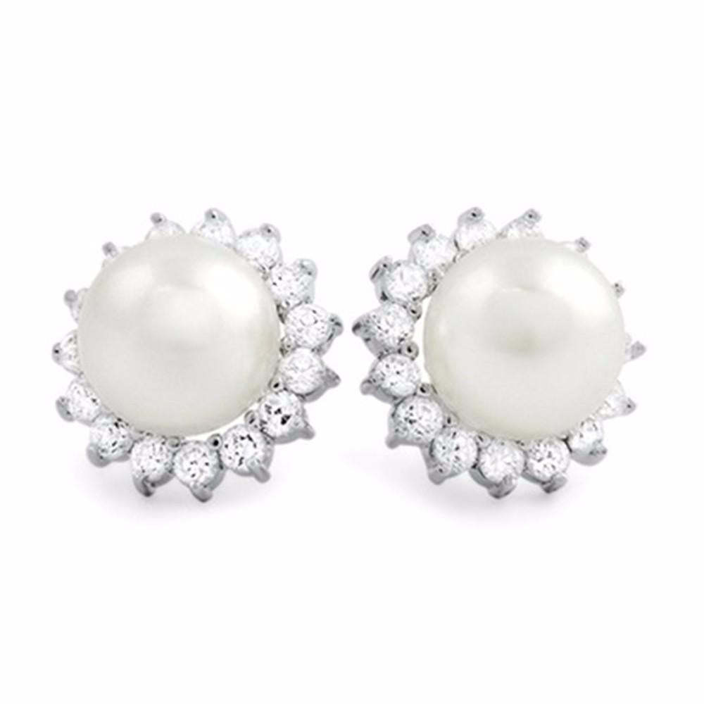 Women’s 925 Sterling Silver Stud Earrings with Simulated Pearl and Cubic Zirconia-Customized Jewel