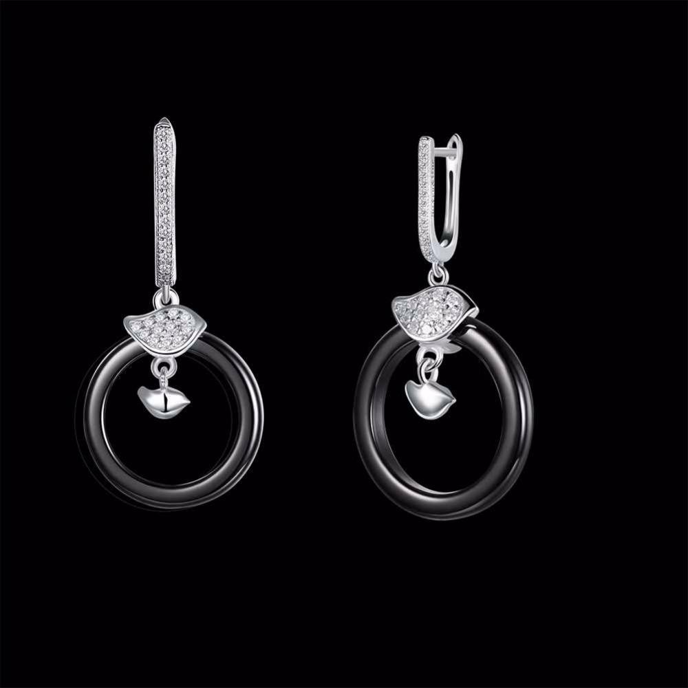 Sterling Silver Female Drop Earrings Trendy Black Round Ceramic Dangle Earrings Jewelry Gift-Customized Jewel
