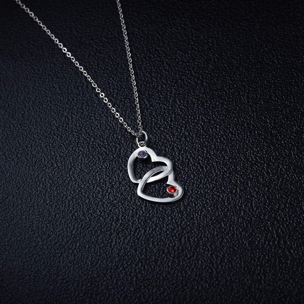 Personalized Women’s 925 Sterling Silver Name & Birthstone Necklace with Merging Hearts Pendant, Classic Fashion Jewelry for Girls-Customized Jewel