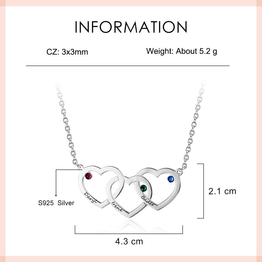 Personalized 925 Sterling Silver Pendant Necklace - Intertwined Hearts Shape Pendants - Engrave Three Custom Names & Custom Birthstones-Customized Jewel