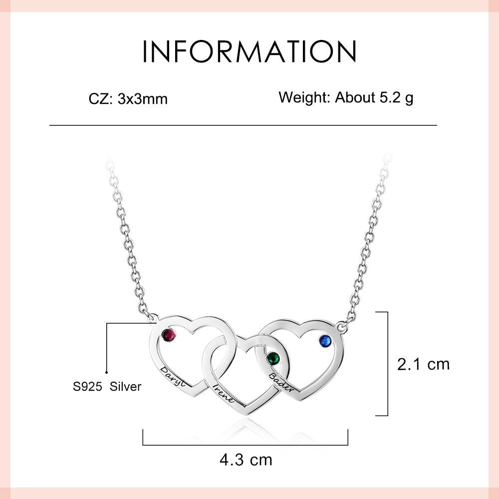 Personalized 925 Sterling Silver Pendant Necklace - Intertwined Hearts Shape Pendants - Engrave Three Custom Names & Custom Birthstones-Customized Jewel