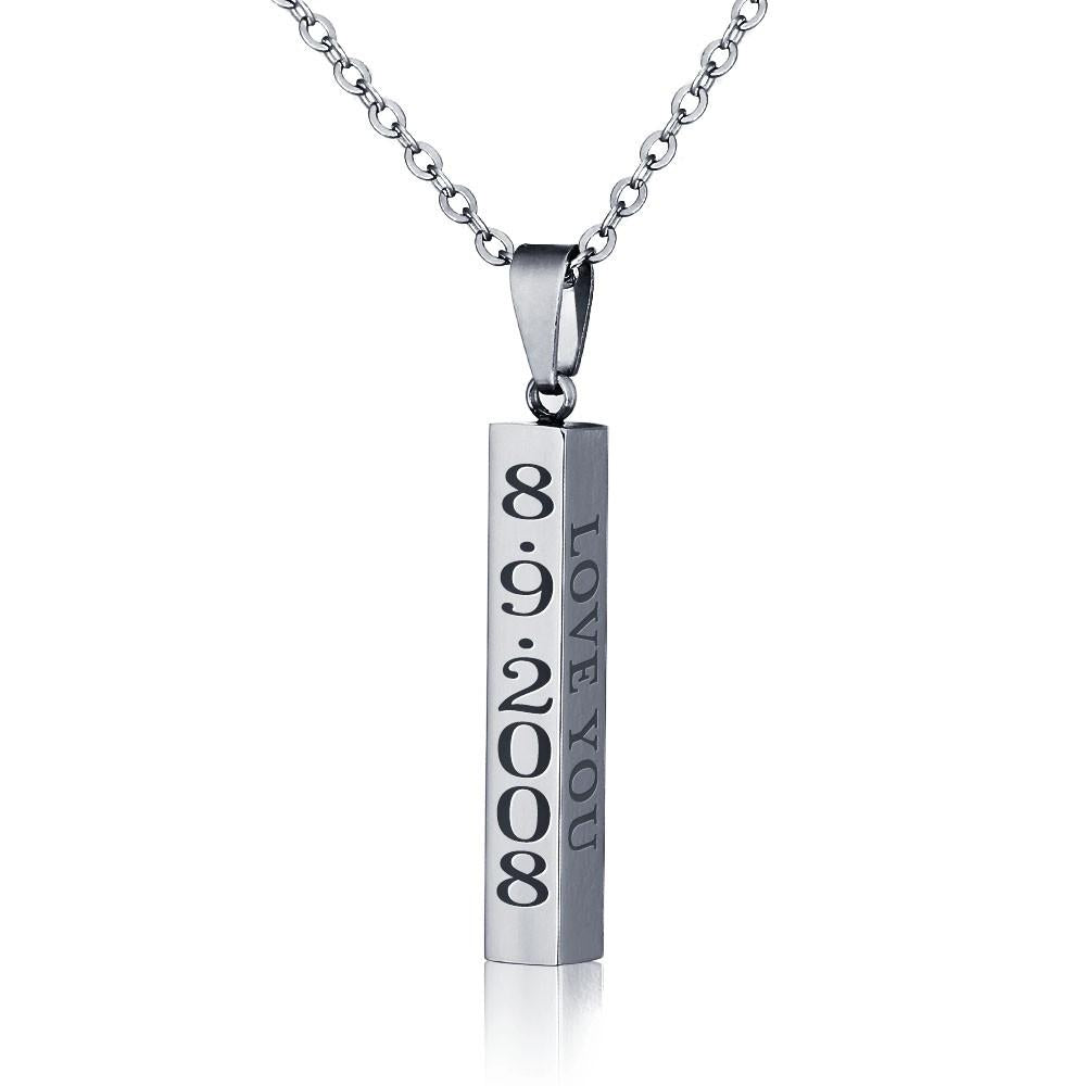Personalized Name Date Necklace - Engravable Vertical Bar Pendant - Unisex Stainless Steel Jewelry-Customized Jewel
