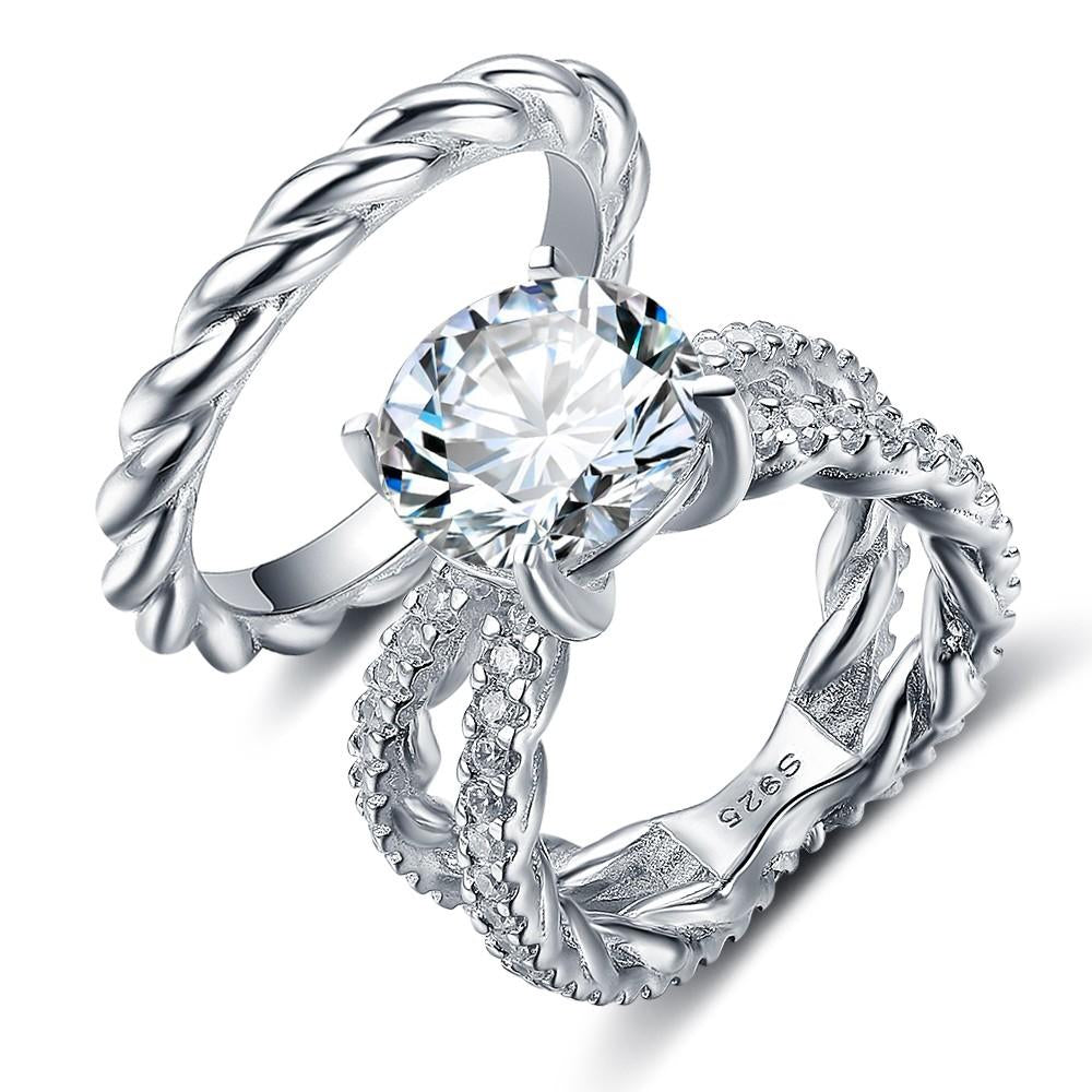 925 Sterling Silver Open Band & Rope Rings Set with 12mm 6.5 CT Cubic Zirconia, Jewelry Gift for Women-Customized Jewel