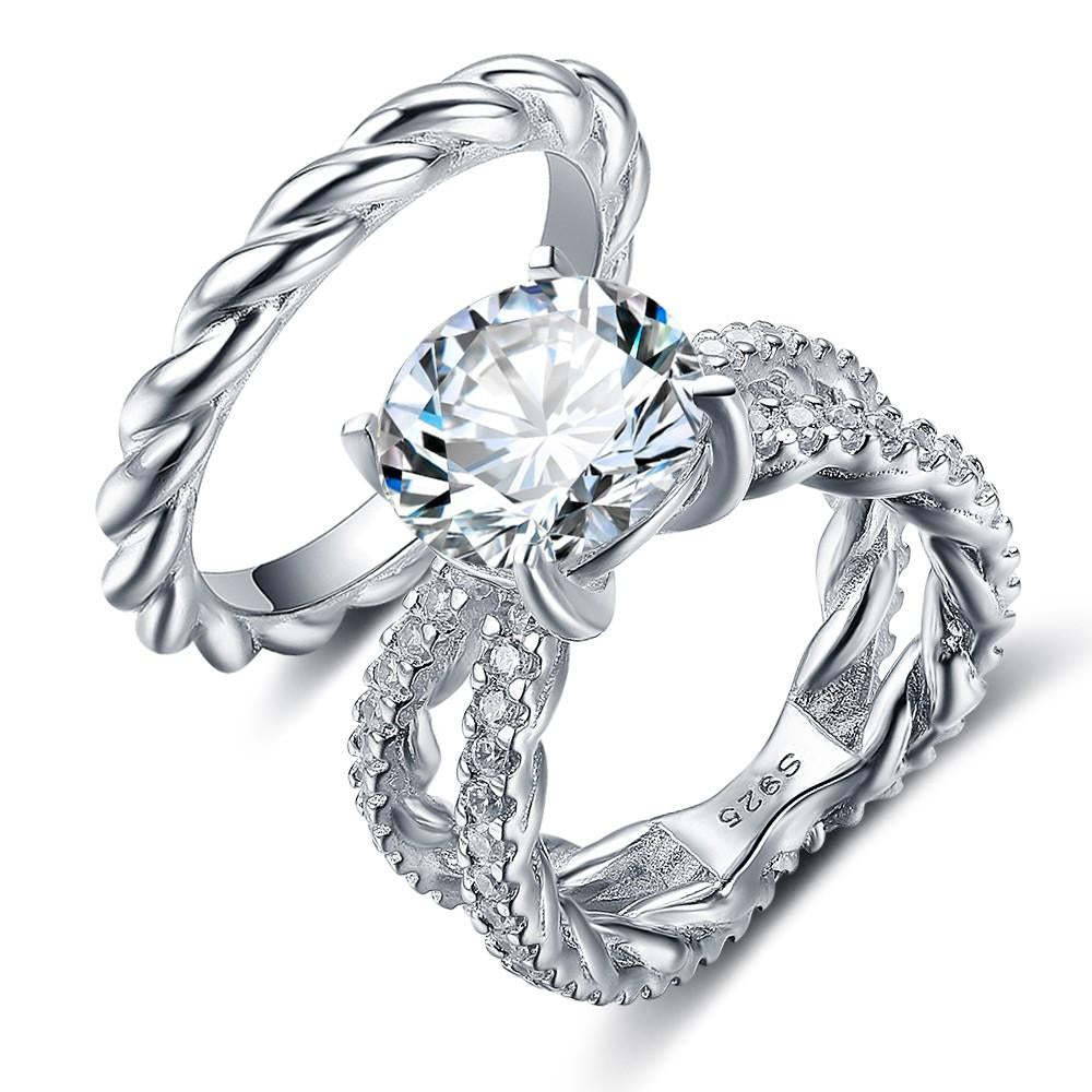 925 Sterling Silver Open Band & Rope Rings Set with 12mm 6.5 CT Cubic Zirconia, Jewelry Gift for Women-Customized Jewel