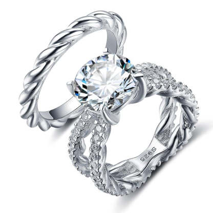 925 Sterling Silver Open Band & Rope Rings Set with 12mm 6.5 CT Cubic Zirconia, Jewelry Gift for Women-Customized Jewel