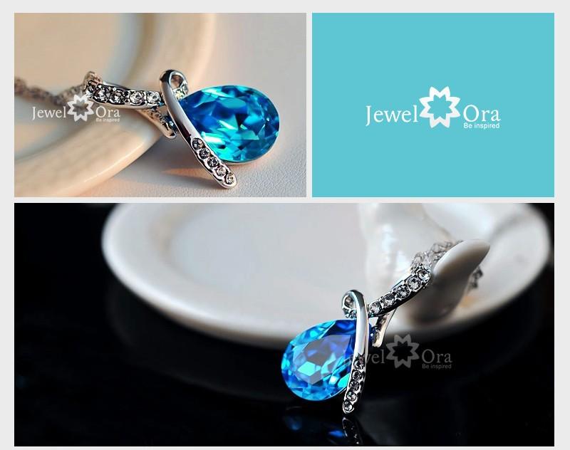 Rhodium Plated Fashion Necklace with Blue Crystal Water Drop Pendant, Gift Ideas for Women-Customized Jewel