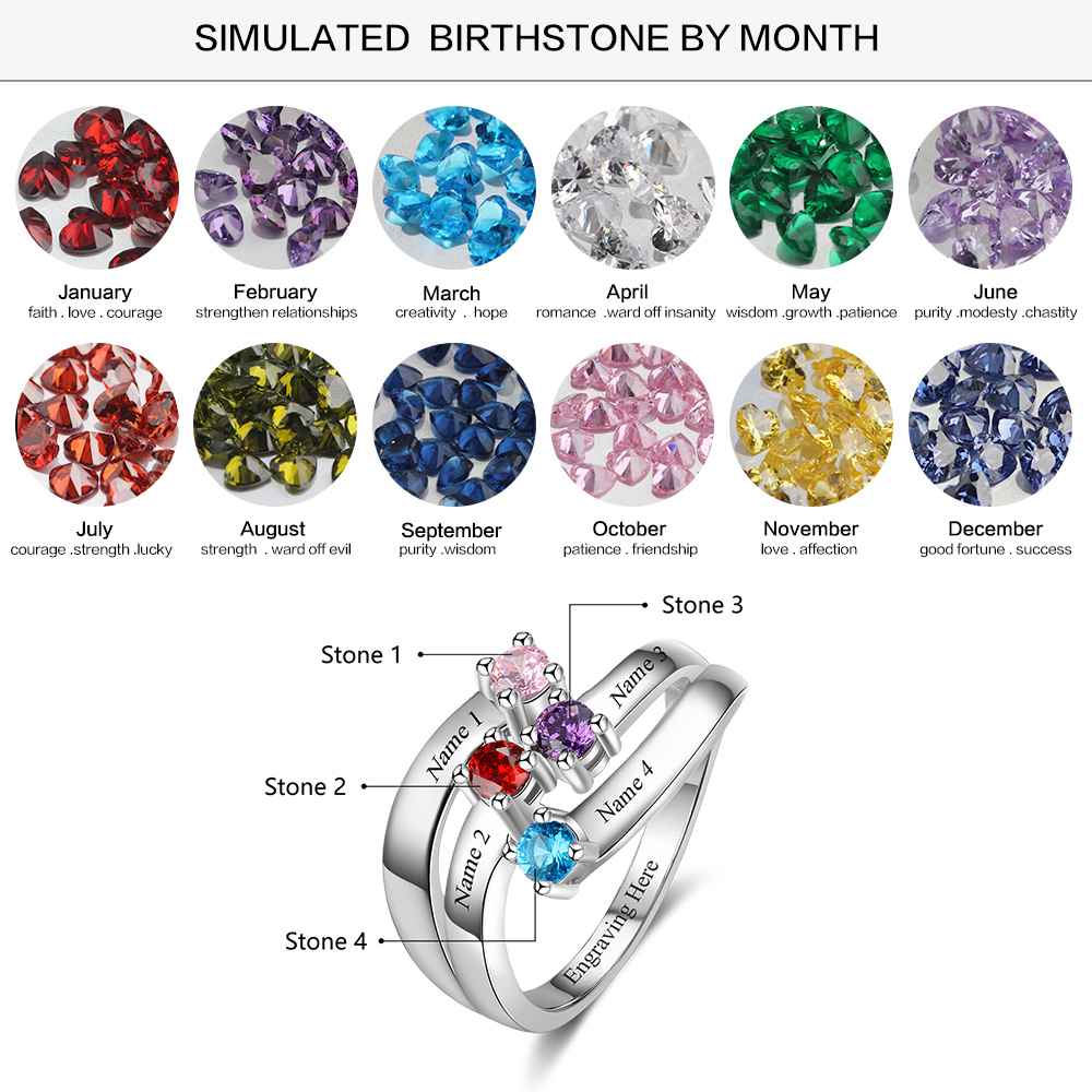 Personalized Gift for Friendship Engrave 4 Friends Name Birthstone Promise Rings 925 Sterling Silver Jewelry-Customized Jewel