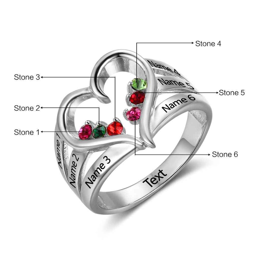 New 925 Sterling Silver Birthstone Ring Engrave Name Engagement Rings Love Heart Shape Rings Free Gift Box-Customized Jewel