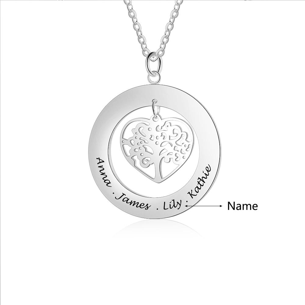 Personalized 925 Silver Sterling Necklace with Tree of Life Name Engrave Pendant, Siblings & Family Gift-Customized Jewel