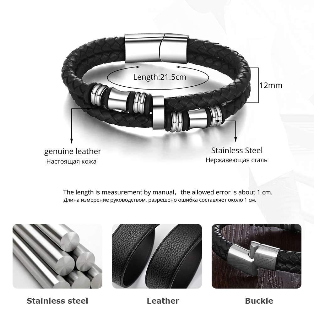 Stainless Steel Bracelet Men Black Leather Bracelets & Bangle Man Jewelry Accessories Bracelet Gifts for Men-Customized Jewel