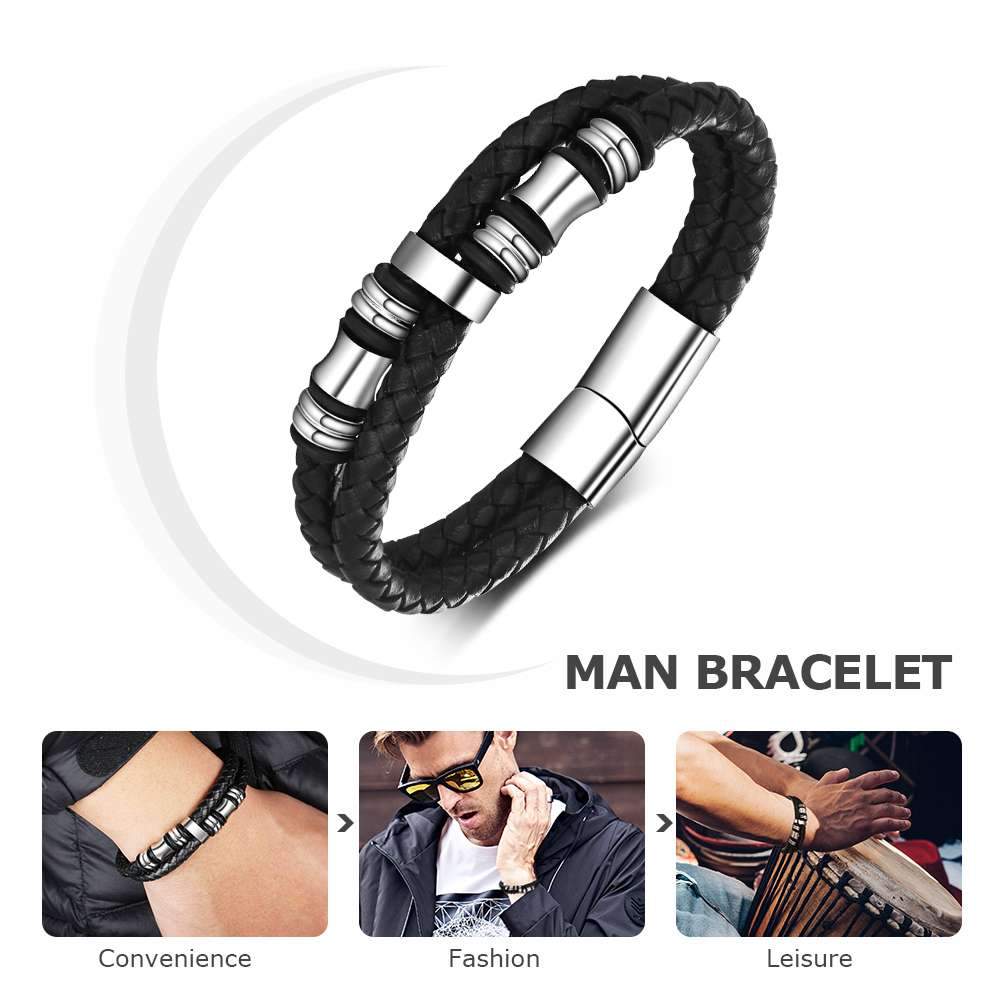 Stainless Steel Bracelet Men Black Leather Bracelets & Bangle Man Jewelry Accessories Bracelet Gifts for Men-Customized Jewel