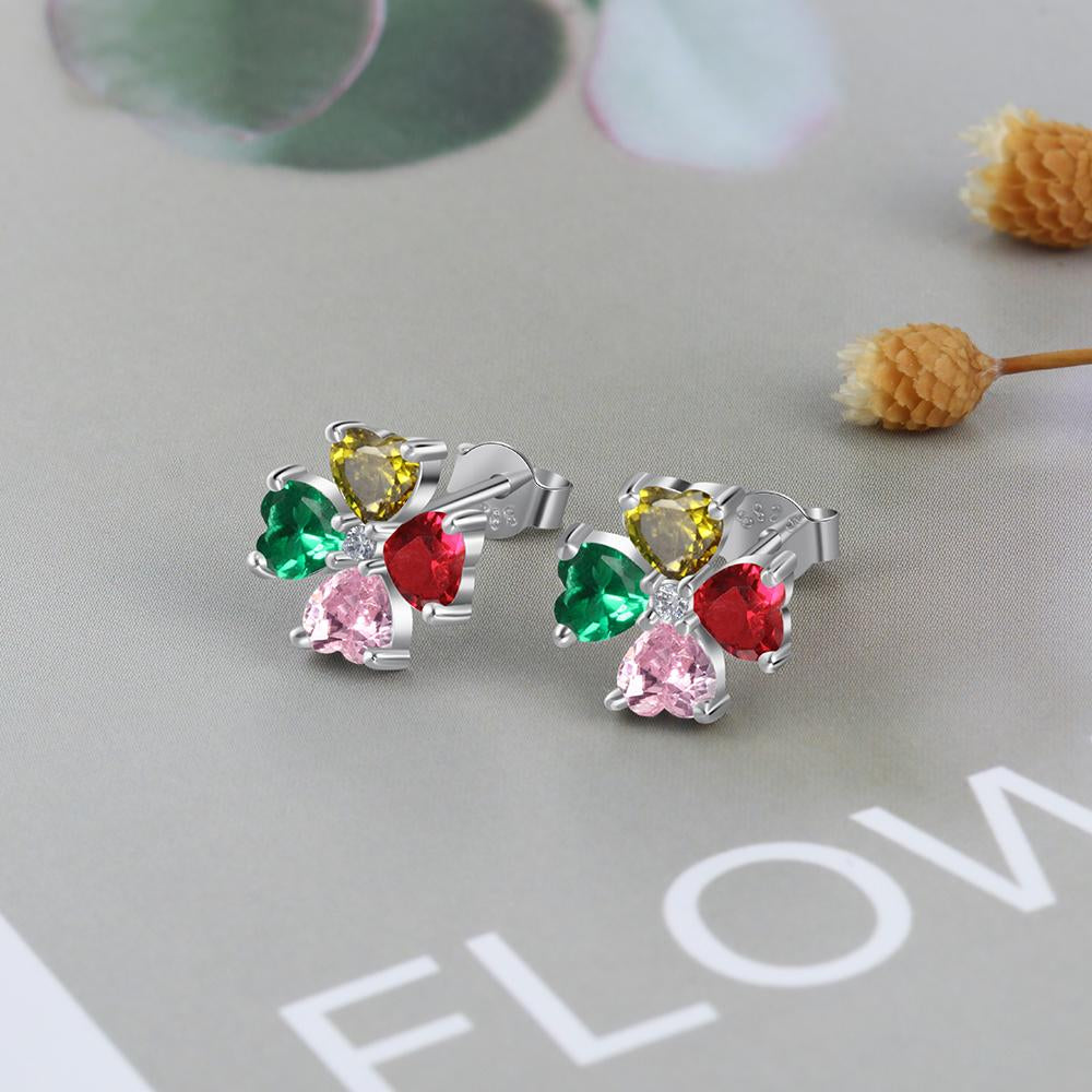 Personalized Stud Flower Earrings for Women with Customized 4 Heart Birthstones-Customized Jewel