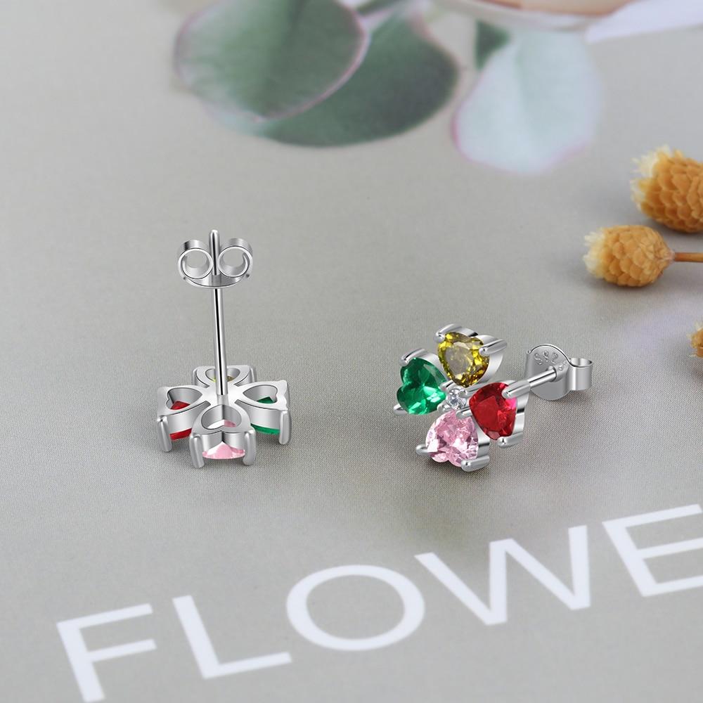 Personalized Stud Flower Earrings for Women with Customized 4 Heart Birthstones-Customized Jewel