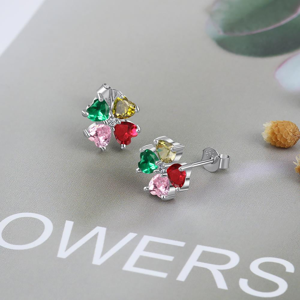 Personalized Stud Flower Earrings for Women with Customized 4 Heart Birthstones-Customized Jewel