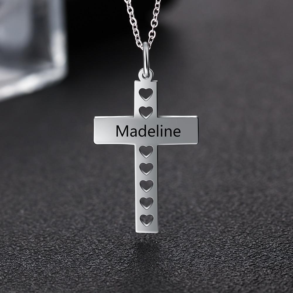 Personalized Stainless Steel Engraved Pendant Necklace - Engrave Special Note - Cross Pendant with Hollow out Heart-Customized Jewel