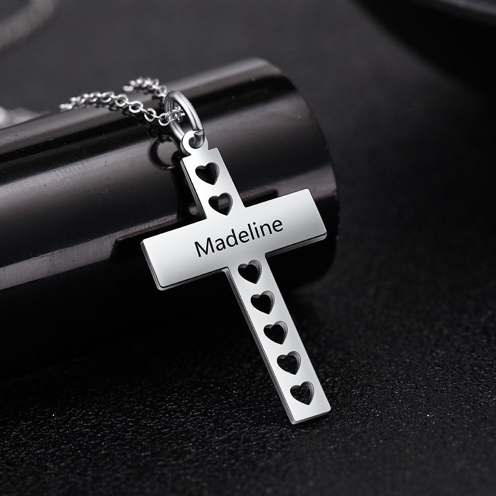 Personalized Stainless Steel Engraved Pendant Necklace - Engrave Special Note - Cross Pendant with Hollow out Heart-Customized Jewel