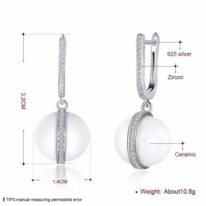Sterling Silver Drop Earrings White Ball Ceramic CZ Micro Insert Dangles Fashion Jewelry Gift-Customized Jewel