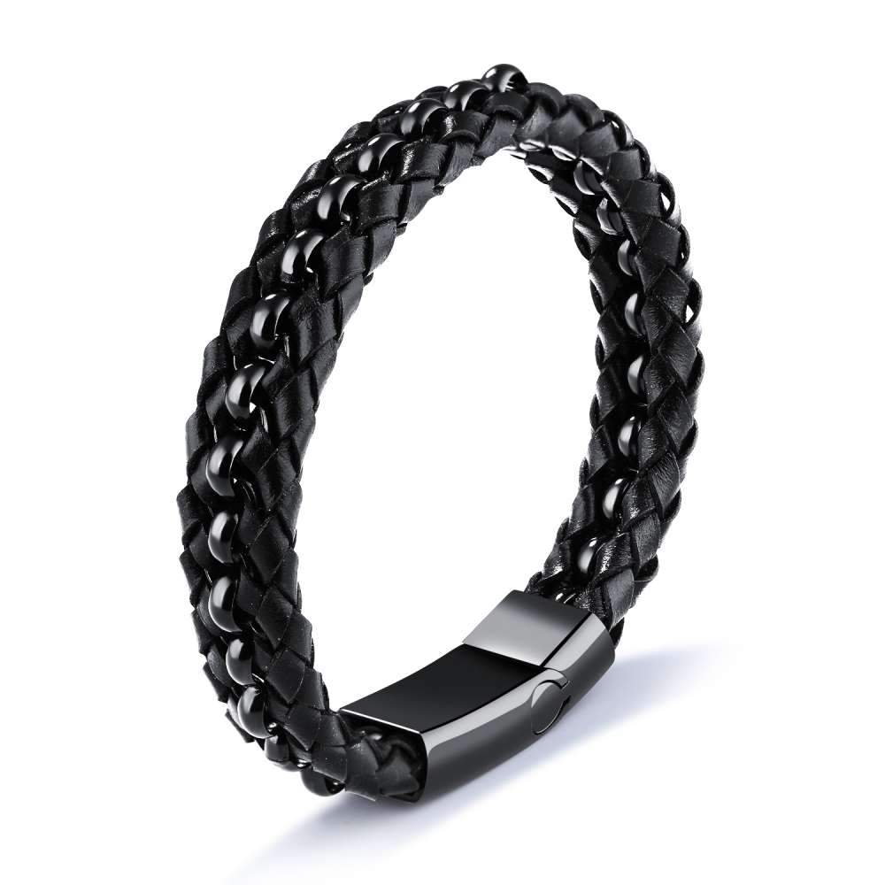 200mm Length Black Stainless Steel and Leather Bracelet for Men, Fashion Jewelry Gift-Customized Jewel