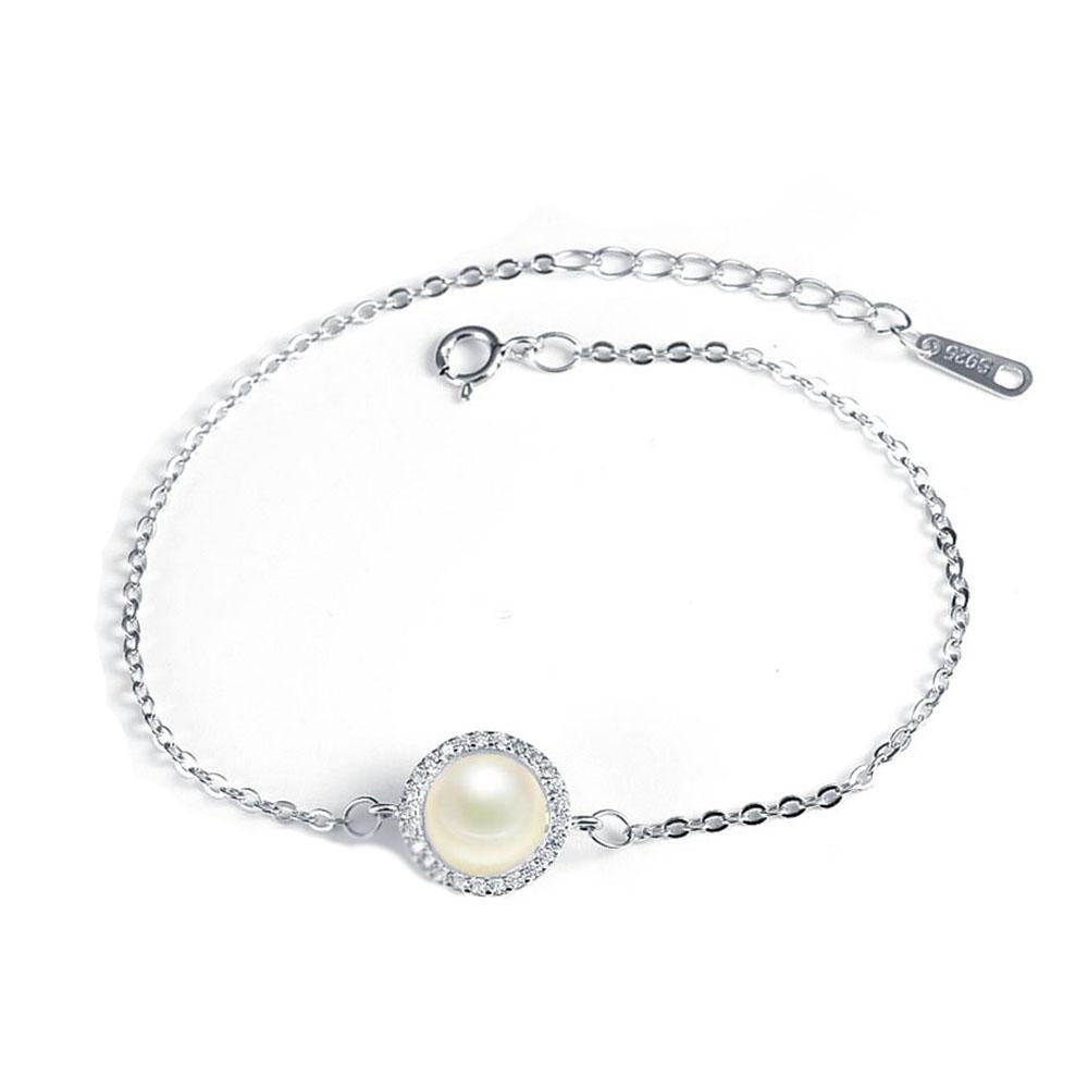 Women 925 Sterling Silver Adjustable Bracelet with Round Simulated Pearl, Party Jewelry Bracelets & Bangles-Customized Jewel