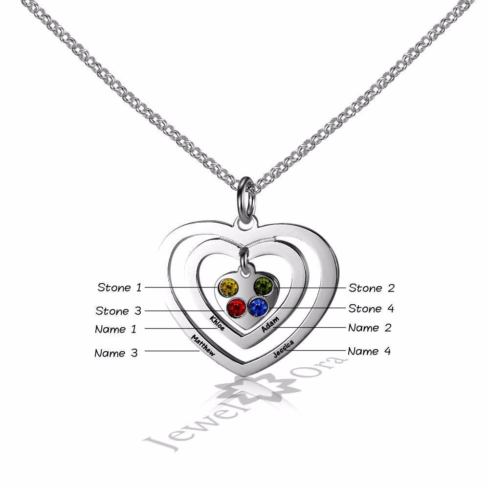 Personalized 925 Sterling Silver Hollow Heart Necklace, Four Name & Four Birthstone Engraved Heart Pendant, Jewelry Gift for Her-Customized Jewel