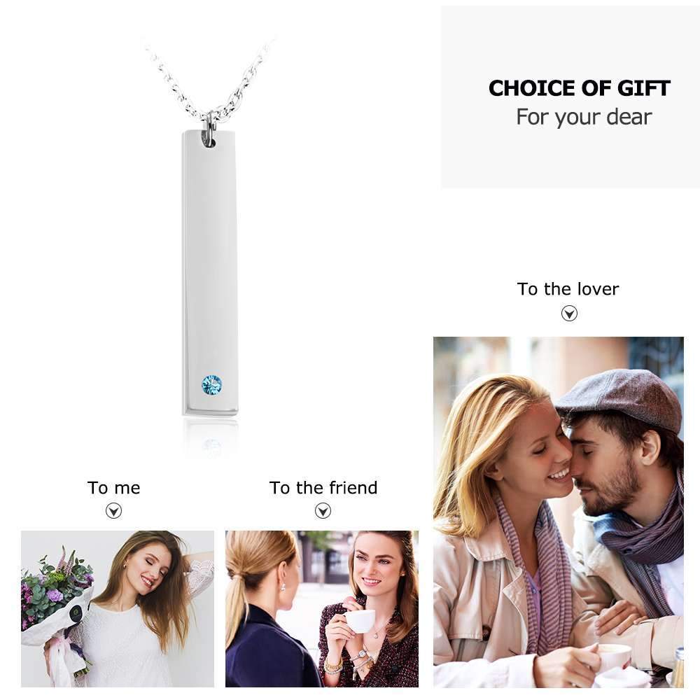 Personalized Stainless Steel Necklace with Engrave Name Bar & Birthstone Pendant-Customized Jewel
