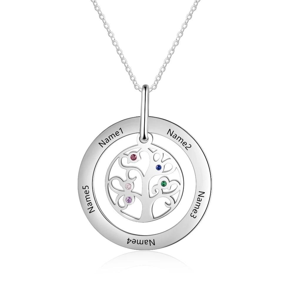Personalized Tree of Life Necklace - Stainless Steel - Five Custom Names - Five Custom Birthstones - Customized Gifts-Customized Jewel